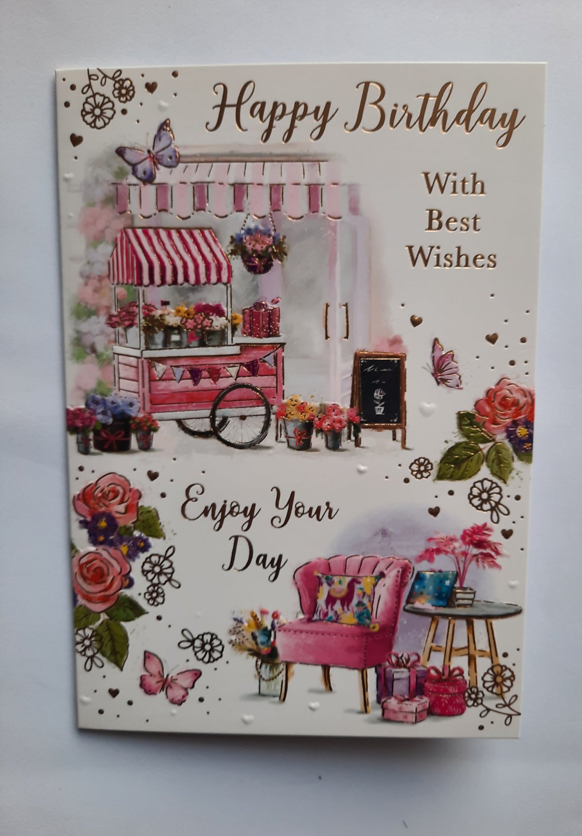 Happy Birthday Flower Cart card - front cover with pink cart, butterflies and armchair