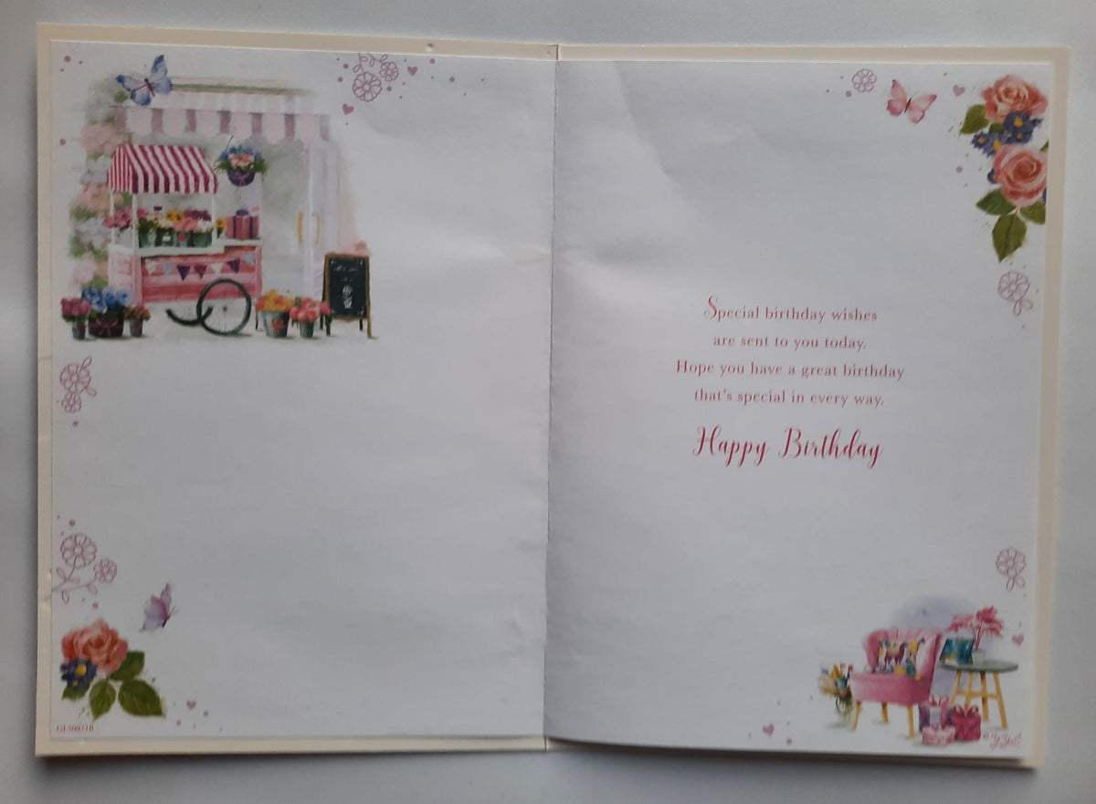 Happy Birthday Flower Cart card - inside spread with verse