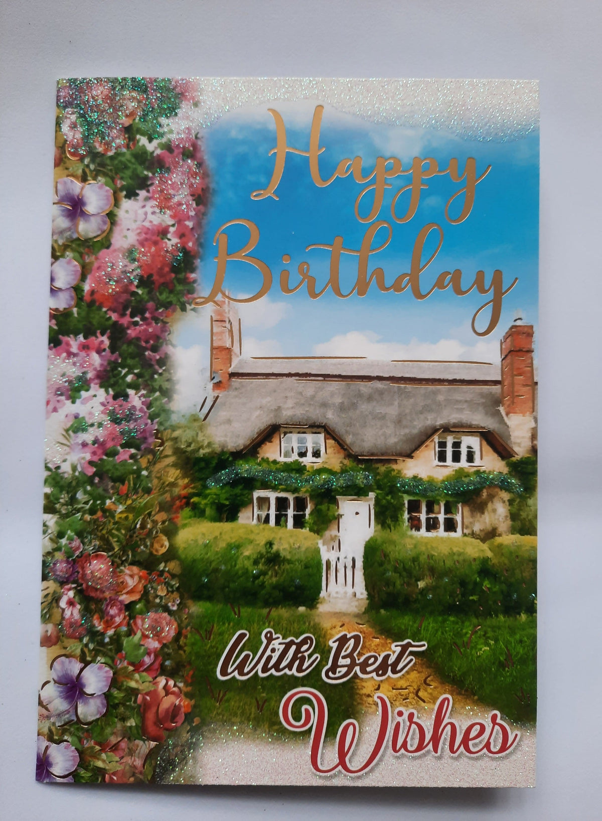 Happy Birthday With Best Wishes cottage garden card - front cover