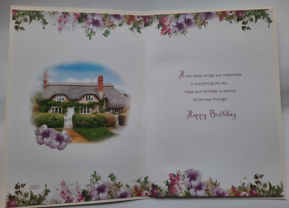 Happy Birthday cottage garden card - inside spread with verse