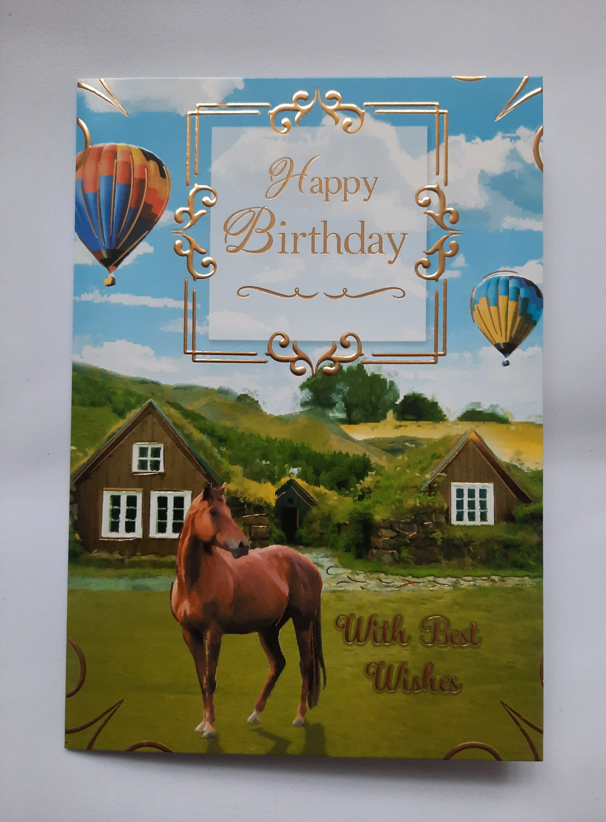 Happy Birthday Hot Air Balloons and Horse card - front cover with gold foil detail