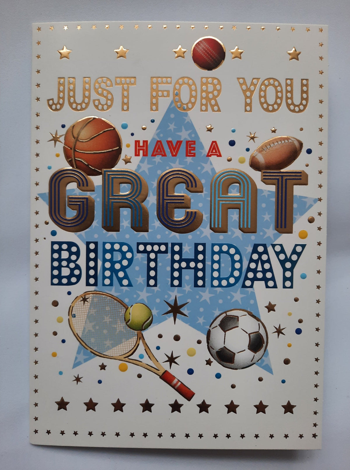 Have a Great Birthday Sports card - front cover with football, basketball, tennis and cricket