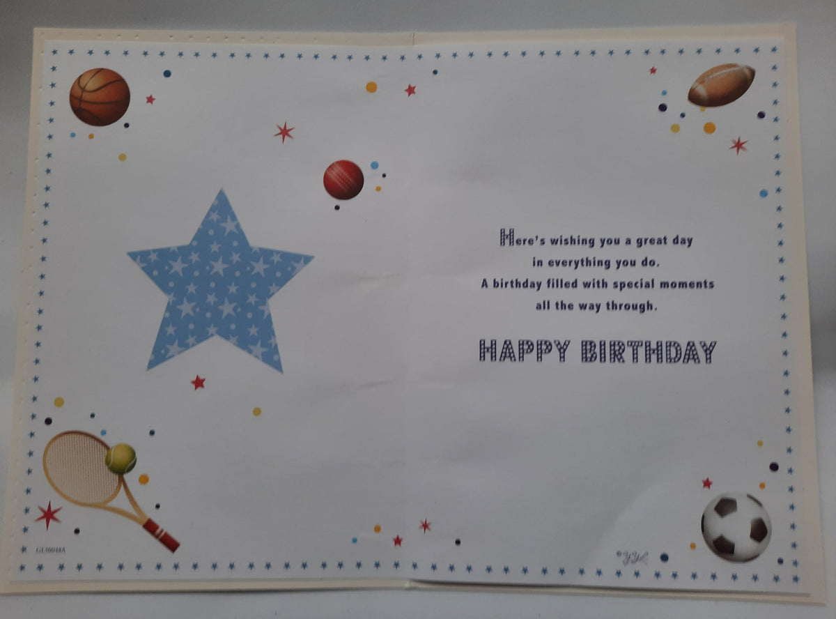 Have a Great Birthday Sports card - inside spread with verse and sports illustrations