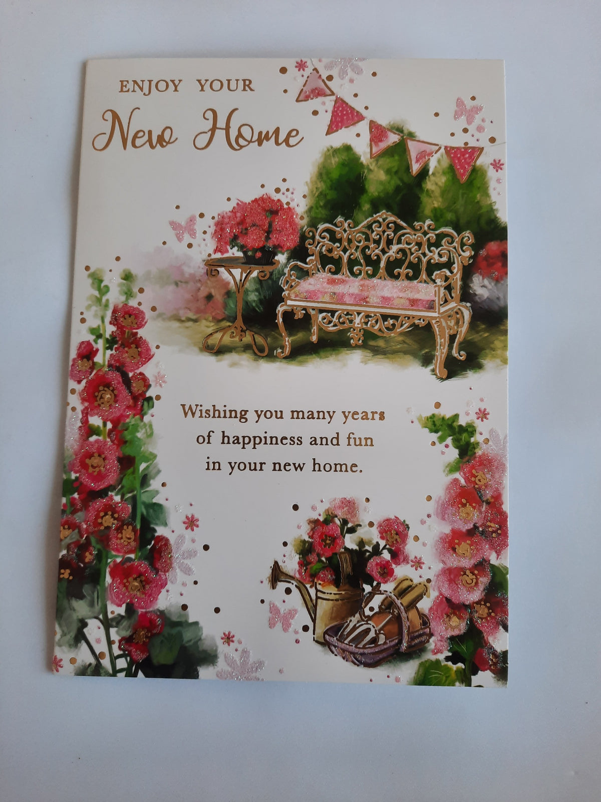 Enjoy Your New Home Card - Floral Garden Design with Glitter Detail