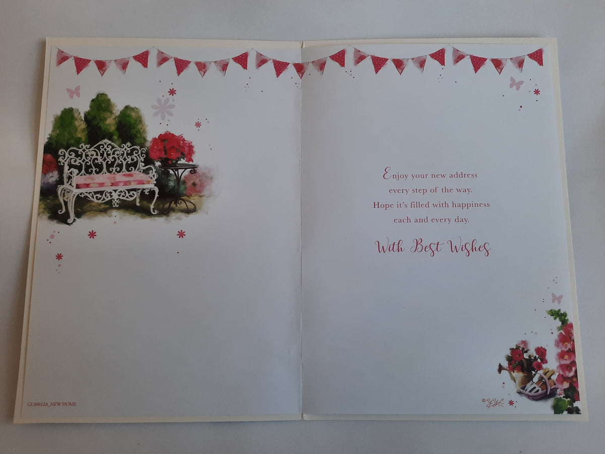 Enjoy Your New Home Card - Floral Garden Design with Glitter Detail
