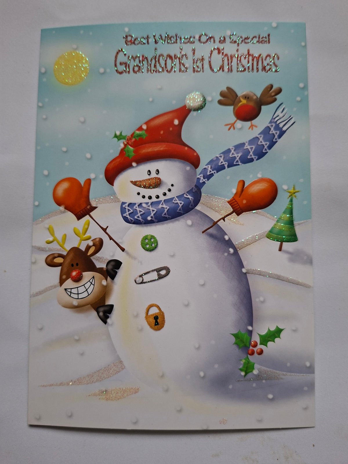 Grandson's First Christmas Card - Snowman & Reindeer