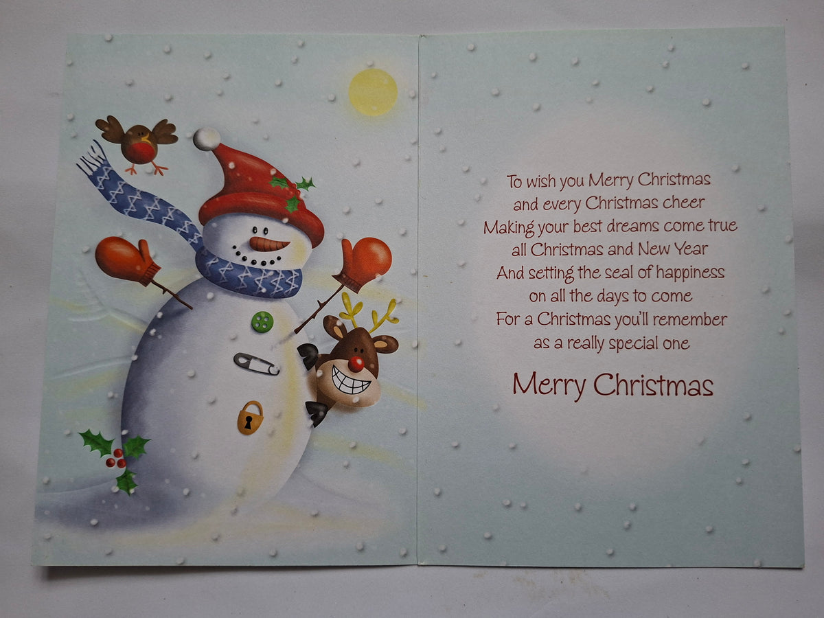 Grandson's First Christmas Card - Snowman & Reindeer