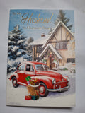 Husband Christmas Card - Red Car & Snowy Cottage