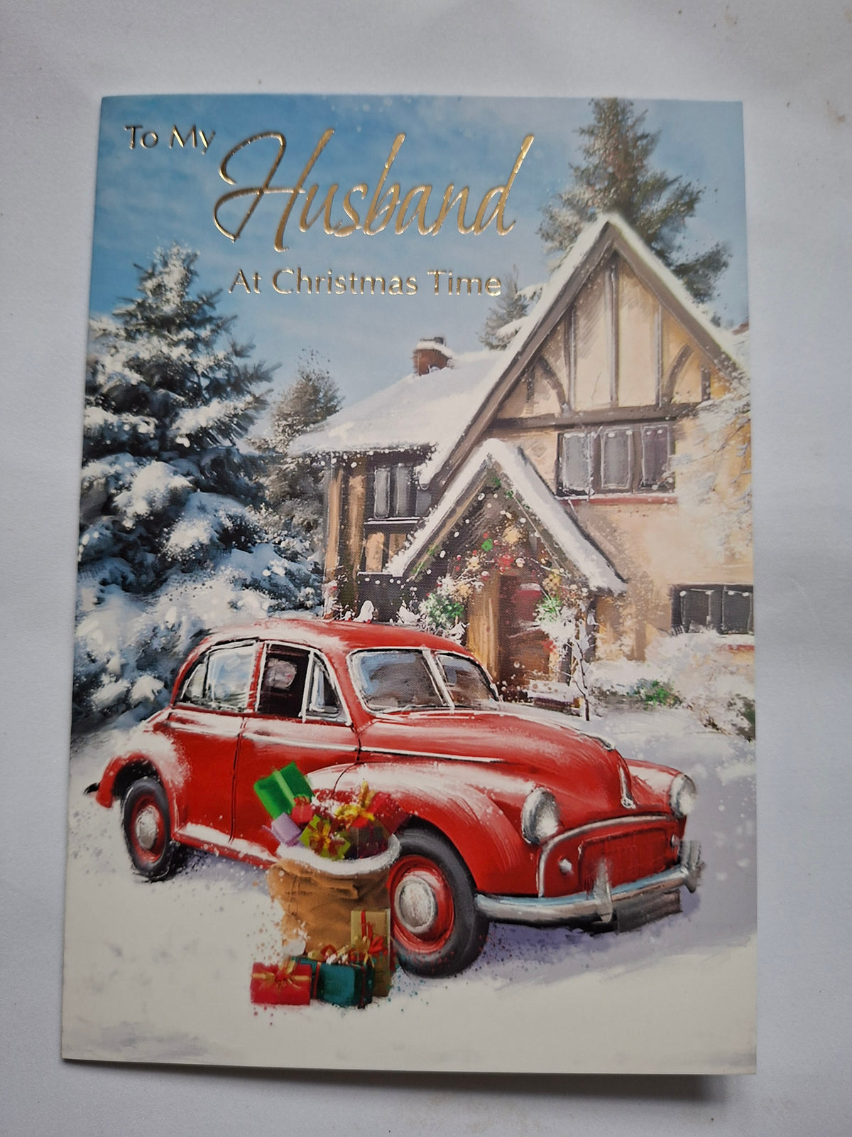 Husband Christmas Card - Red Car & Snowy Cottage