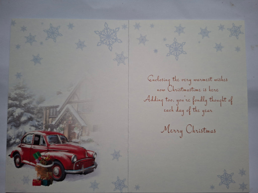 Husband Christmas Card - Red Car & Snowy Cottage