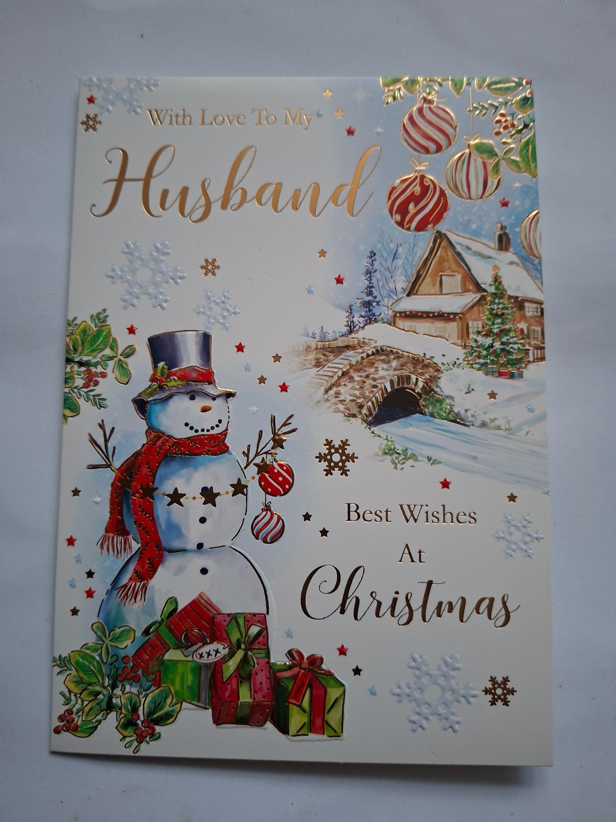 Husband Christmas Card - Snowman & Winter Cottage