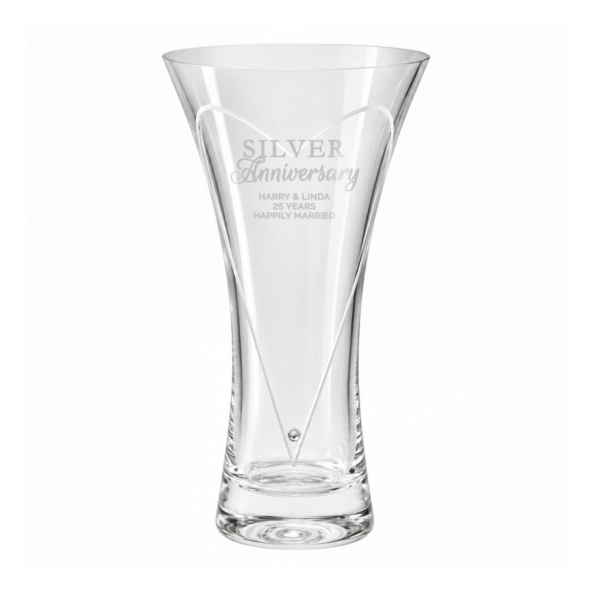 Personalised Silver Anniversary Large Hand Cut Diamond Effect Heart Vase