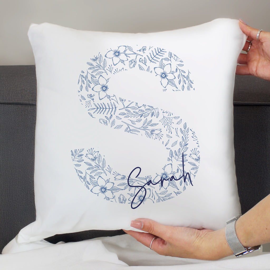 Personalised Floral Blue Initial Cushion