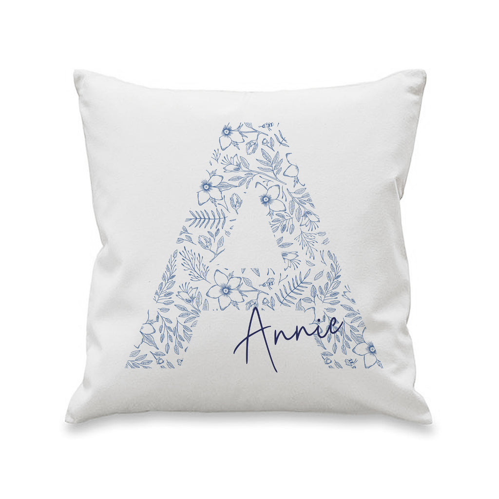 Personalised Floral Blue Initial Cushion