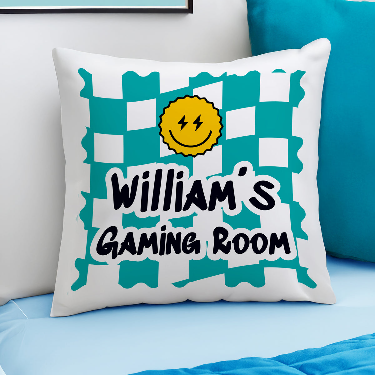 Personalised Blue Check Childrens Bedroom Cushion