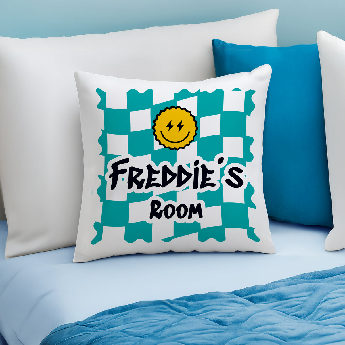Personalised Blue Check Childrens Bedroom Cushion