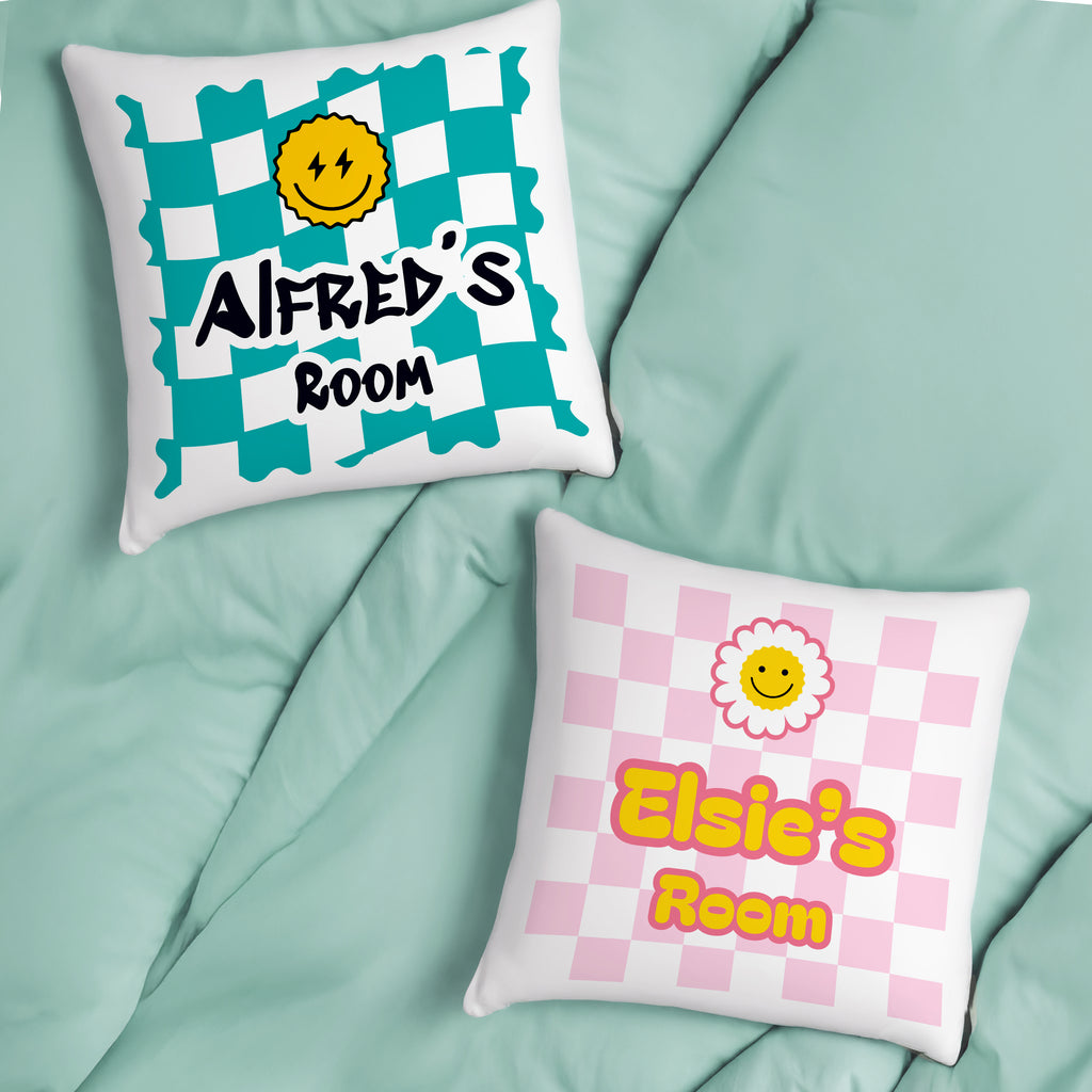 Personalised Pink Check Childrens Bedroom Cushion