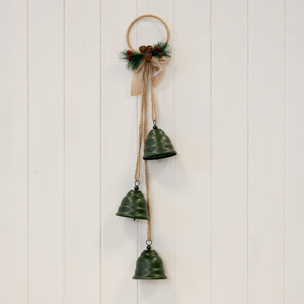 Hanging Trio of Green Bells on Hoop